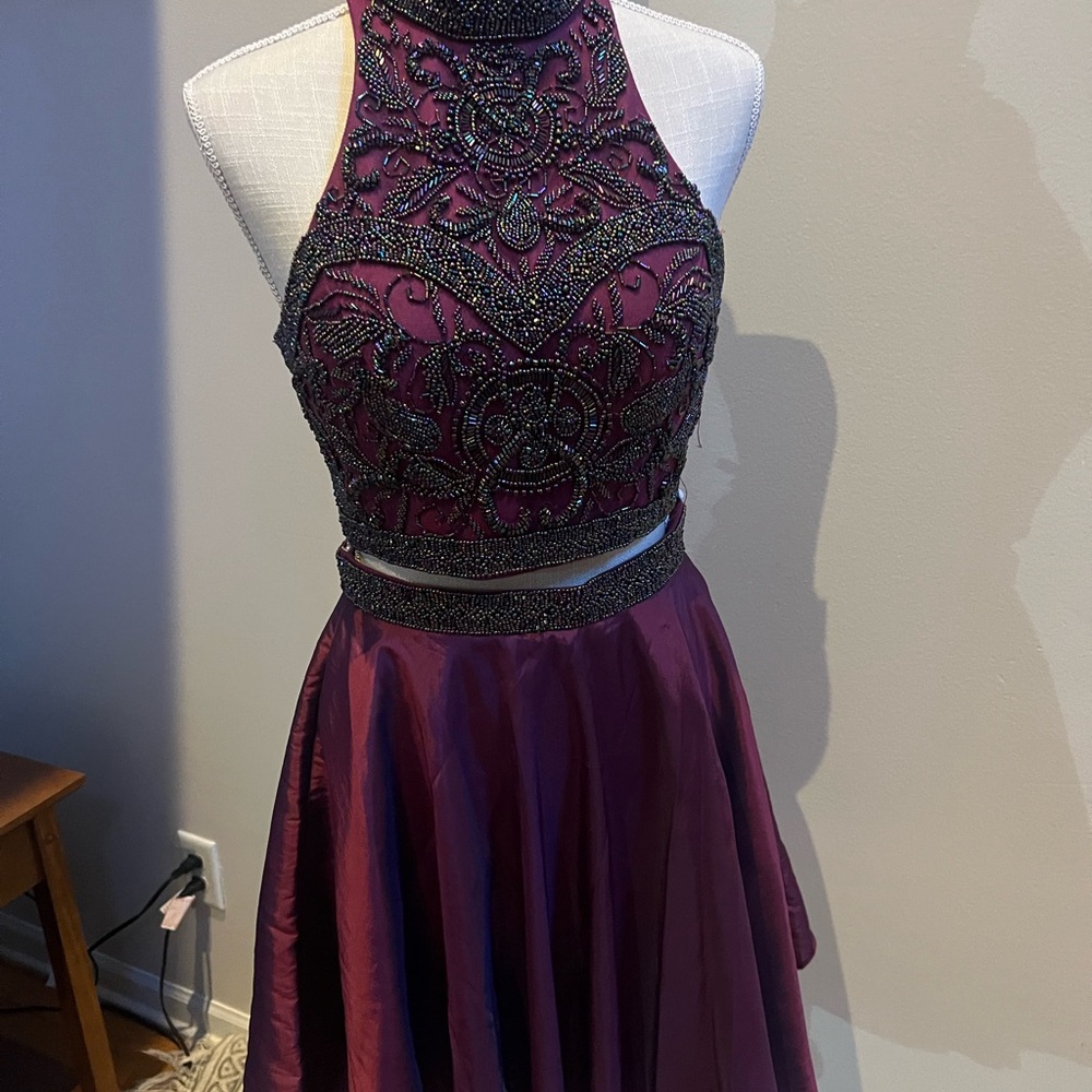 Embellished Two-Piece Halter Prom Dress in Plum